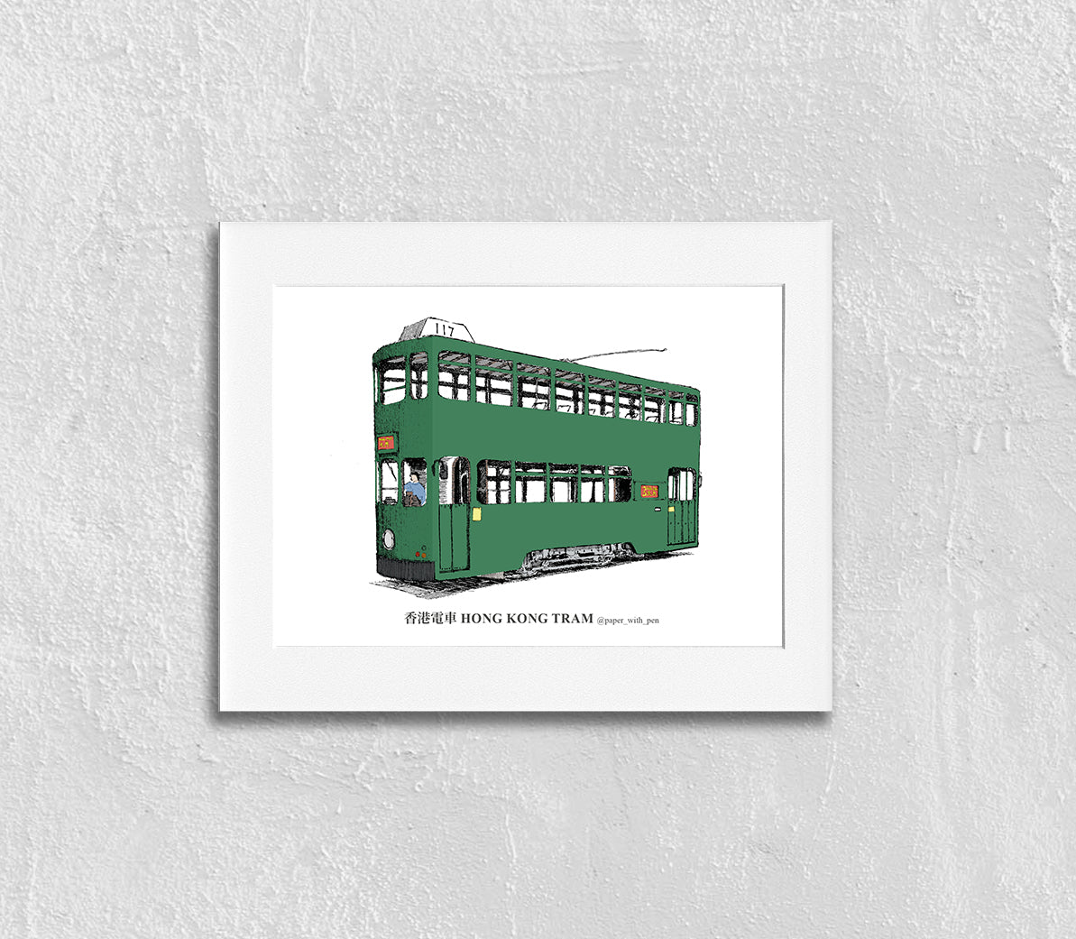 Hand-Drawn Frame Print : Hong Kong Tram (Coloured)