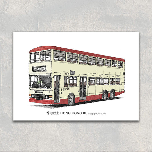 A6 Hand-Drawn Postcard : Hong Kong Double-Decker Bus