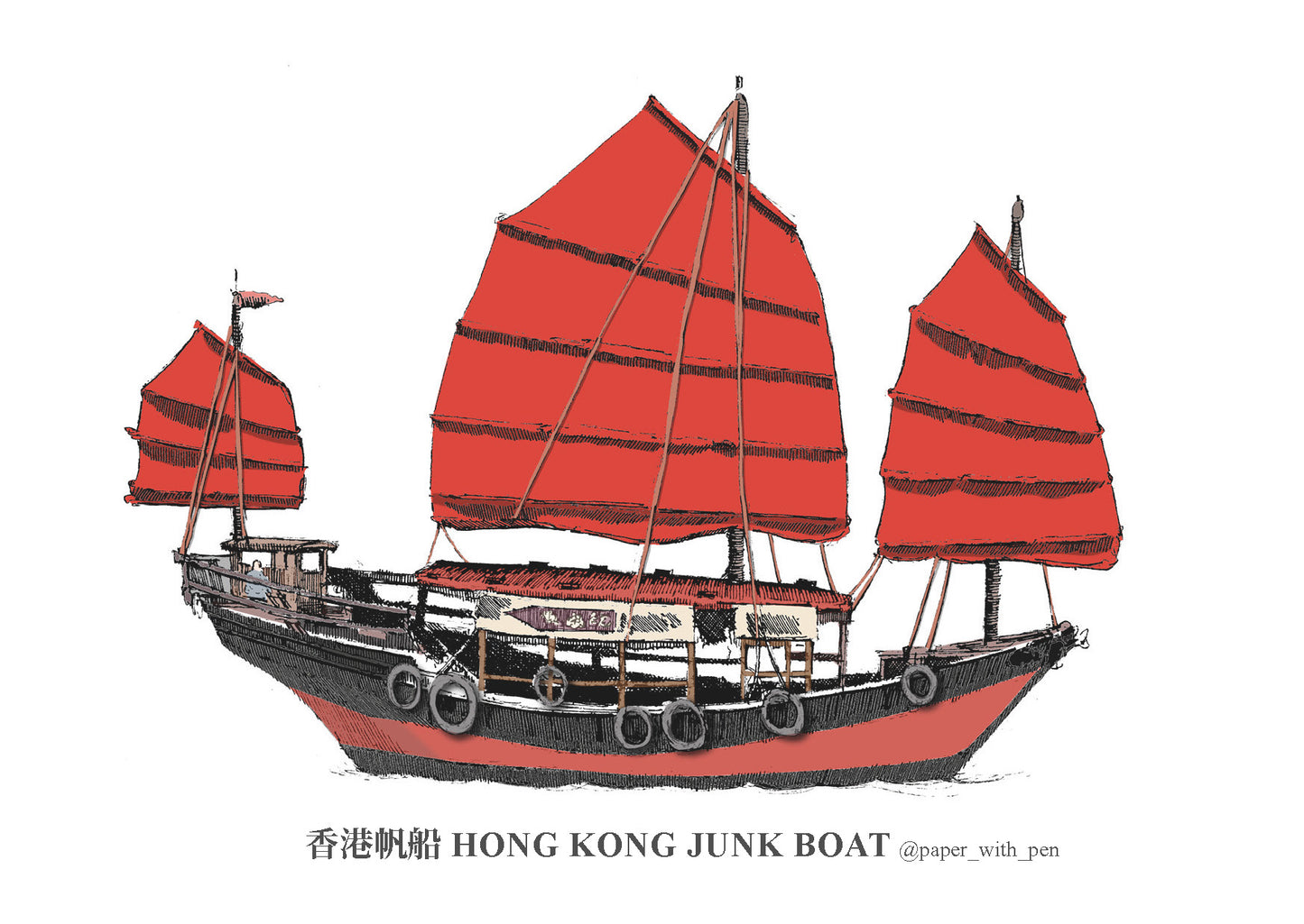 Hand-Drawn Frame Print : Hong Kong Junk Boat